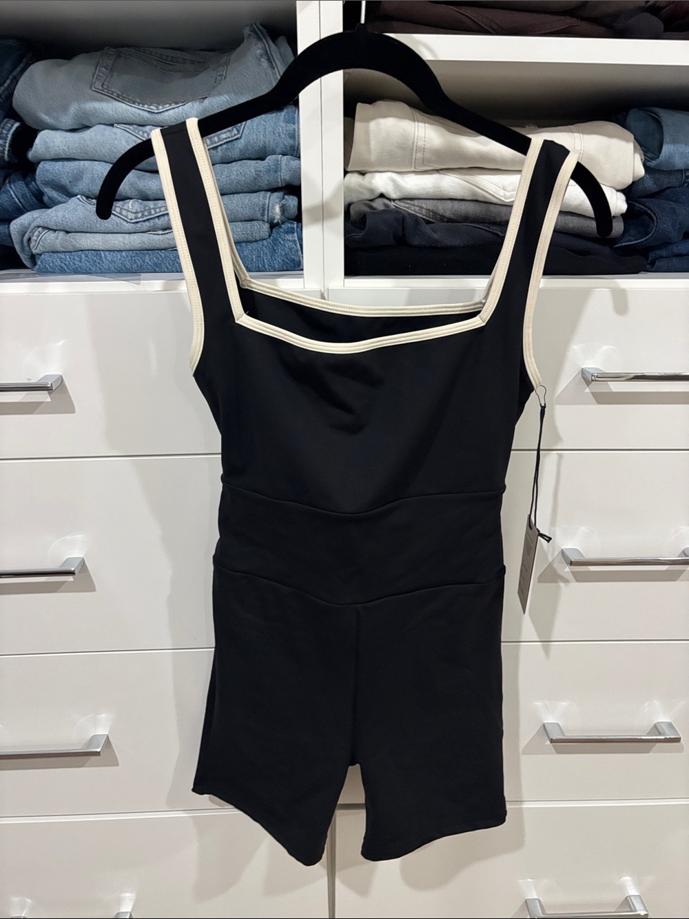 Classic Black Square-Neck Romper with Cream Trim